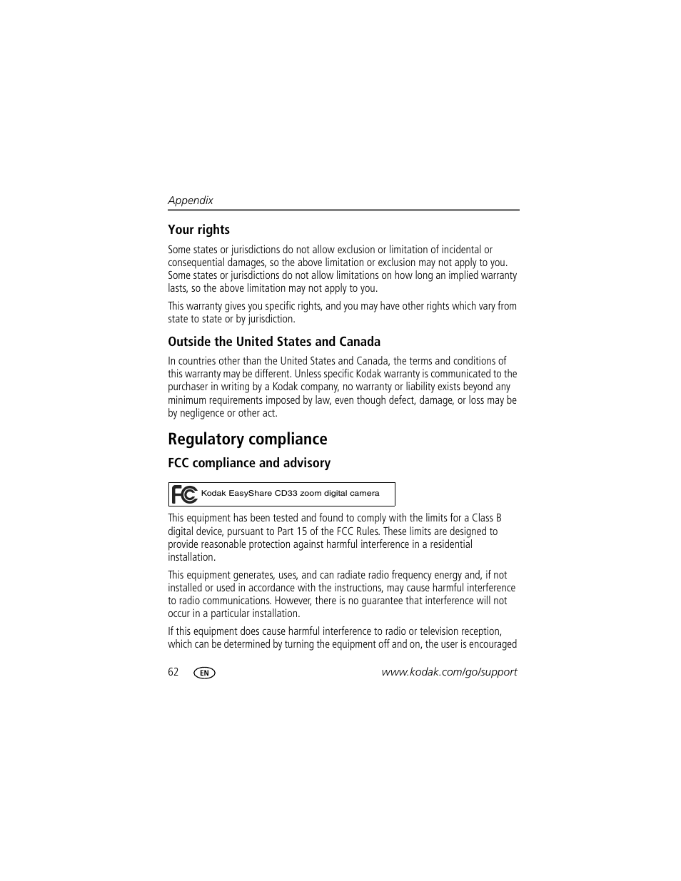 Your rights, Outside the united states and canada, Regulatory compliance | Fcc compliance and advisory | Kodak CD33 User Manual | Page 68 / 75