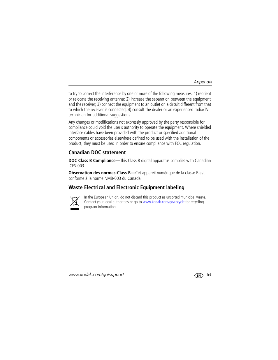 Canadian doc statement, Waste electrical and electronic equipment labeling | Kodak CD33 User Manual | Page 69 / 75