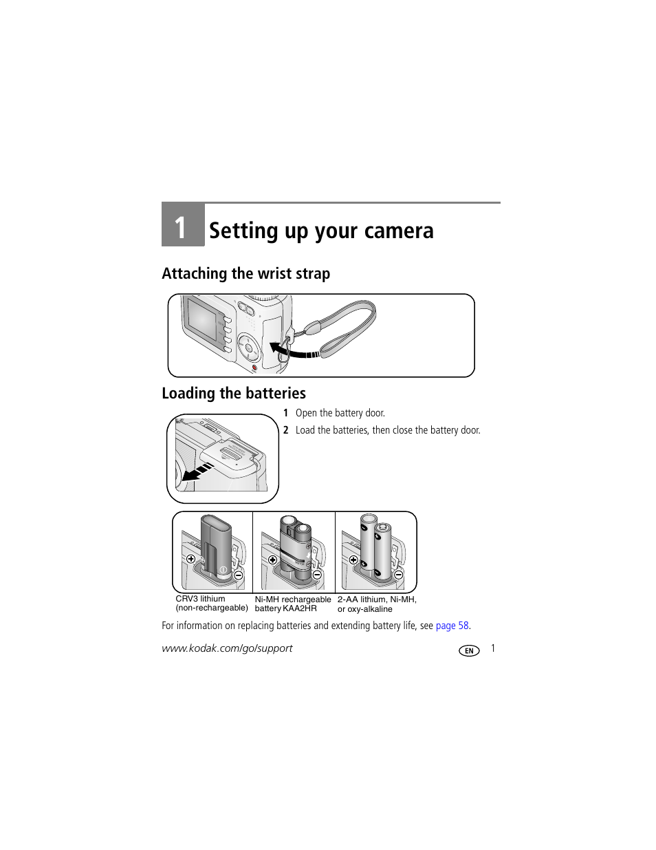 Setting up your camera, Attaching the wrist strap, Loading the batteries | 1 setting up your camera, Attaching the wrist strap loading the batteries | Kodak CD33 User Manual | Page 7 / 75