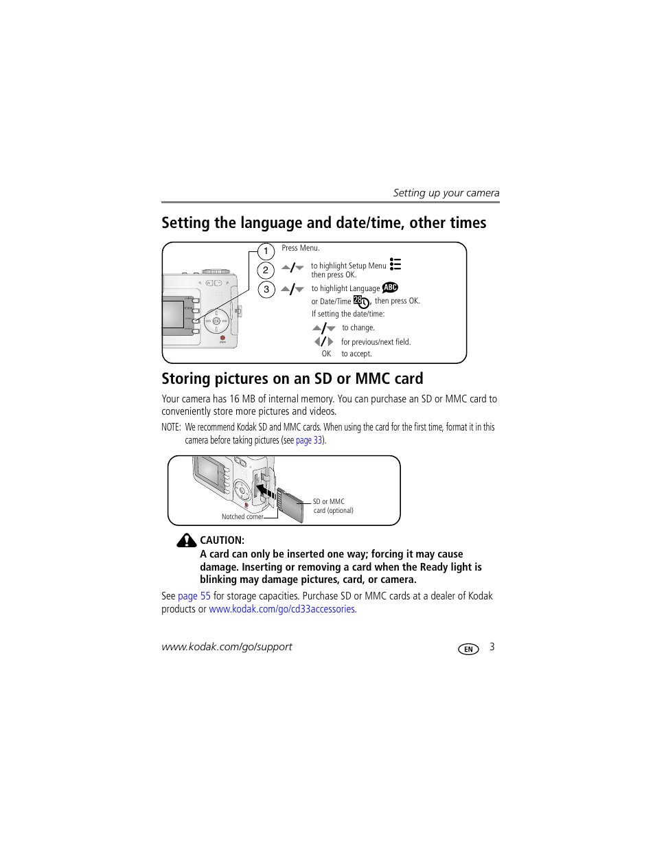 Setting the language and date/time, other times, Storing pictures on an sd or mmc card | Kodak CD33 User Manual | Page 9 / 75