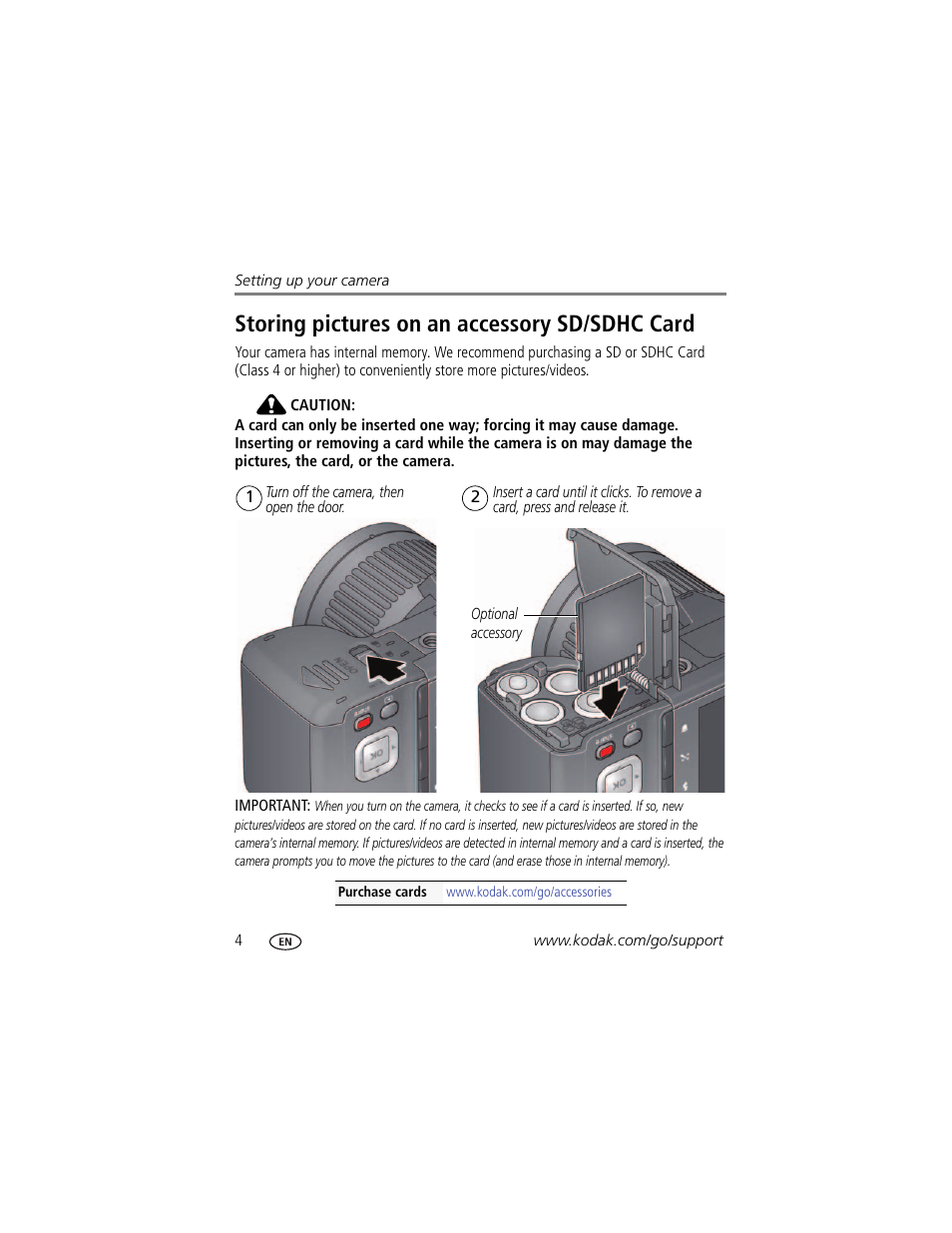 Storing pictures on an accessory sd/sdhc card | Kodak MAX Z990 User Manual | Page 12 / 84