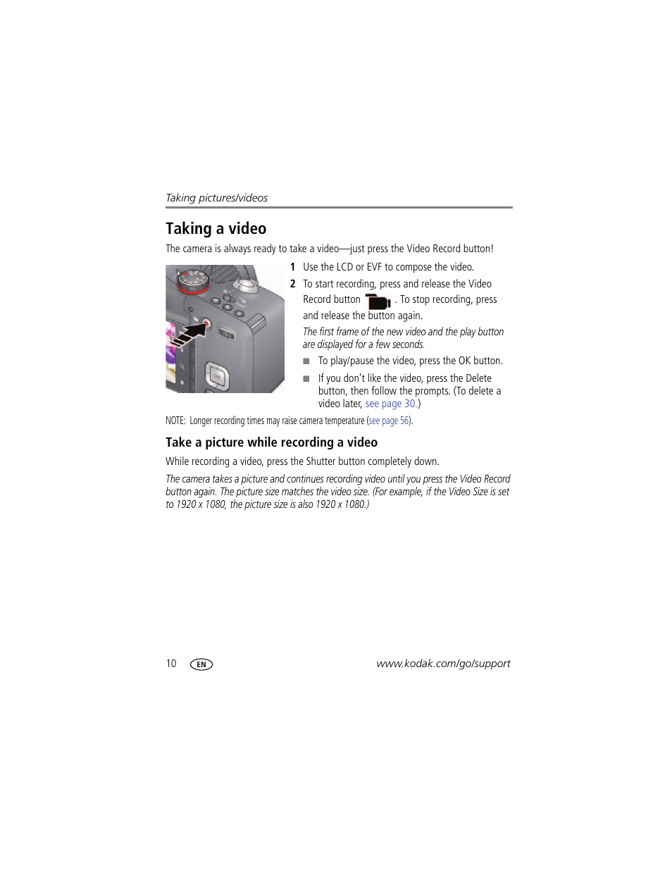 Take a picture while recording a video, Taking a video, Video | Kodak MAX Z990 User Manual | Page 18 / 84