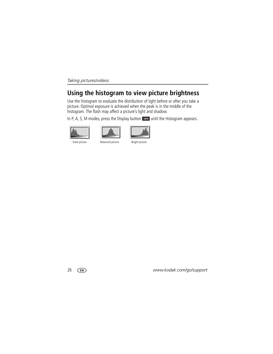 Using the histogram to view picture brightness | Kodak MAX Z990 User Manual | Page 34 / 84