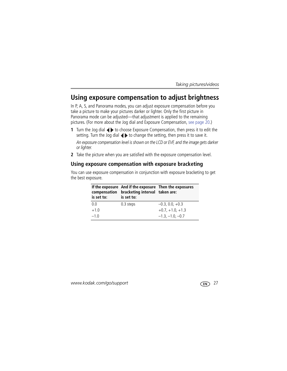 Using exposure compensation to adjust brightness | Kodak MAX Z990 User Manual | Page 35 / 84