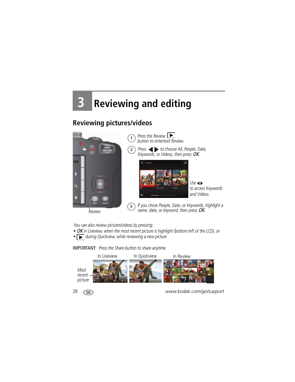 Reviewing and editing, Reviewing pictures/videos, 3 reviewing and editing | Kodak MAX Z990 User Manual | Page 36 / 84