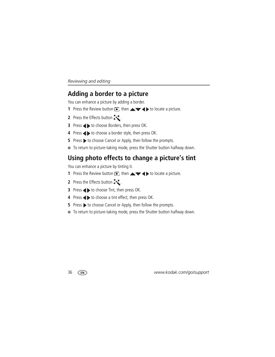 Using photo effects to change a picture’s tint, Adding a border to a picture | Kodak MAX Z990 User Manual | Page 44 / 84
