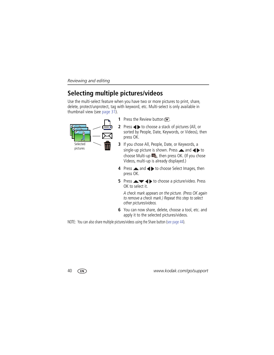 Selecting multiple pictures/videos | Kodak MAX Z990 User Manual | Page 48 / 84