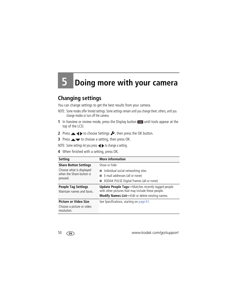 Doing more with your camera, Changing settings, 5 doing more with your camera | Kodak MAX Z990 User Manual | Page 58 / 84