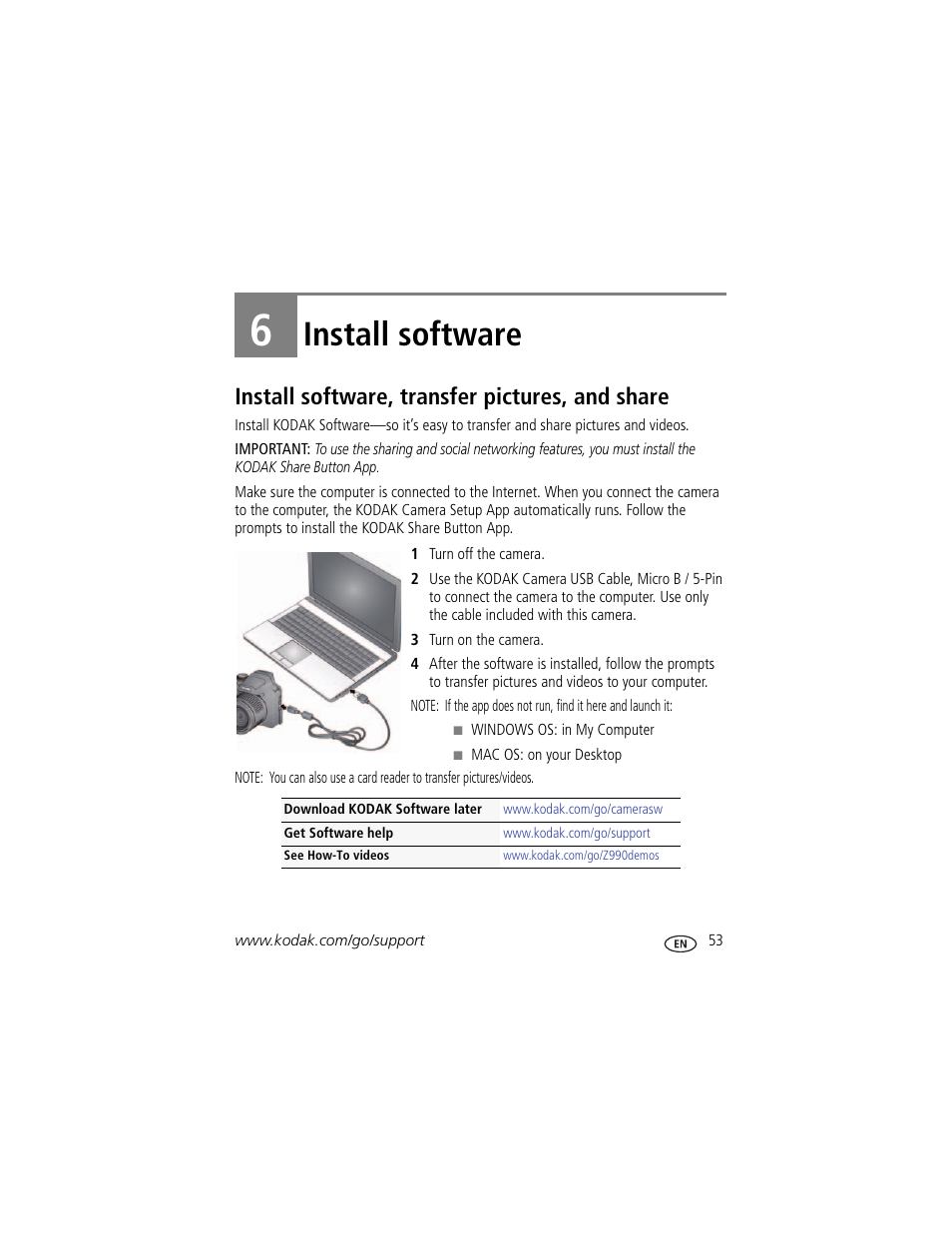 Install software, Install software, transfer pictures, and share, 6 install software | Kodak MAX Z990 User Manual | Page 61 / 84