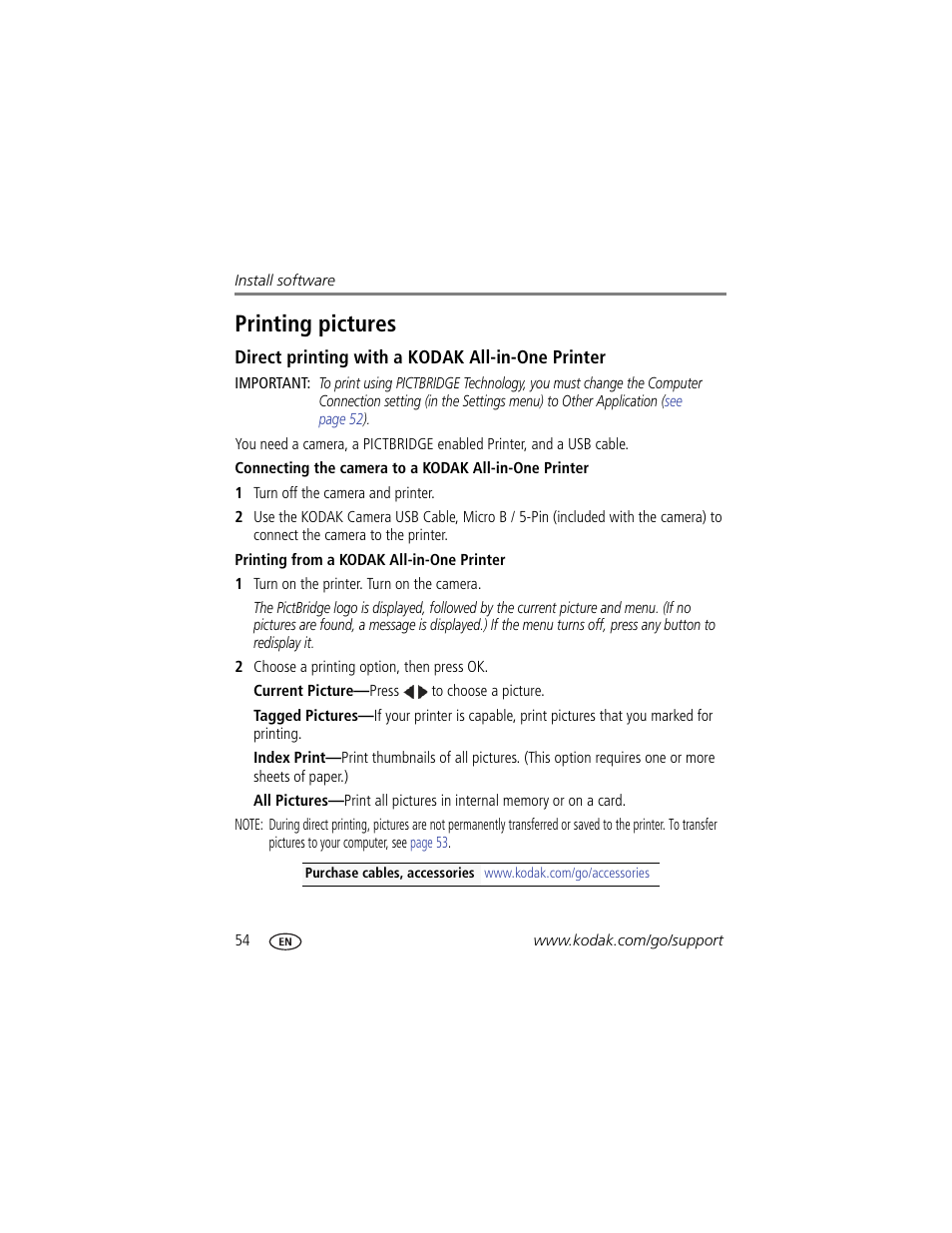 Direct printing with a kodak all-in-one printer, Printing from a kodak all-in-one printer, Printing pictures | Kodak MAX Z990 User Manual | Page 62 / 84