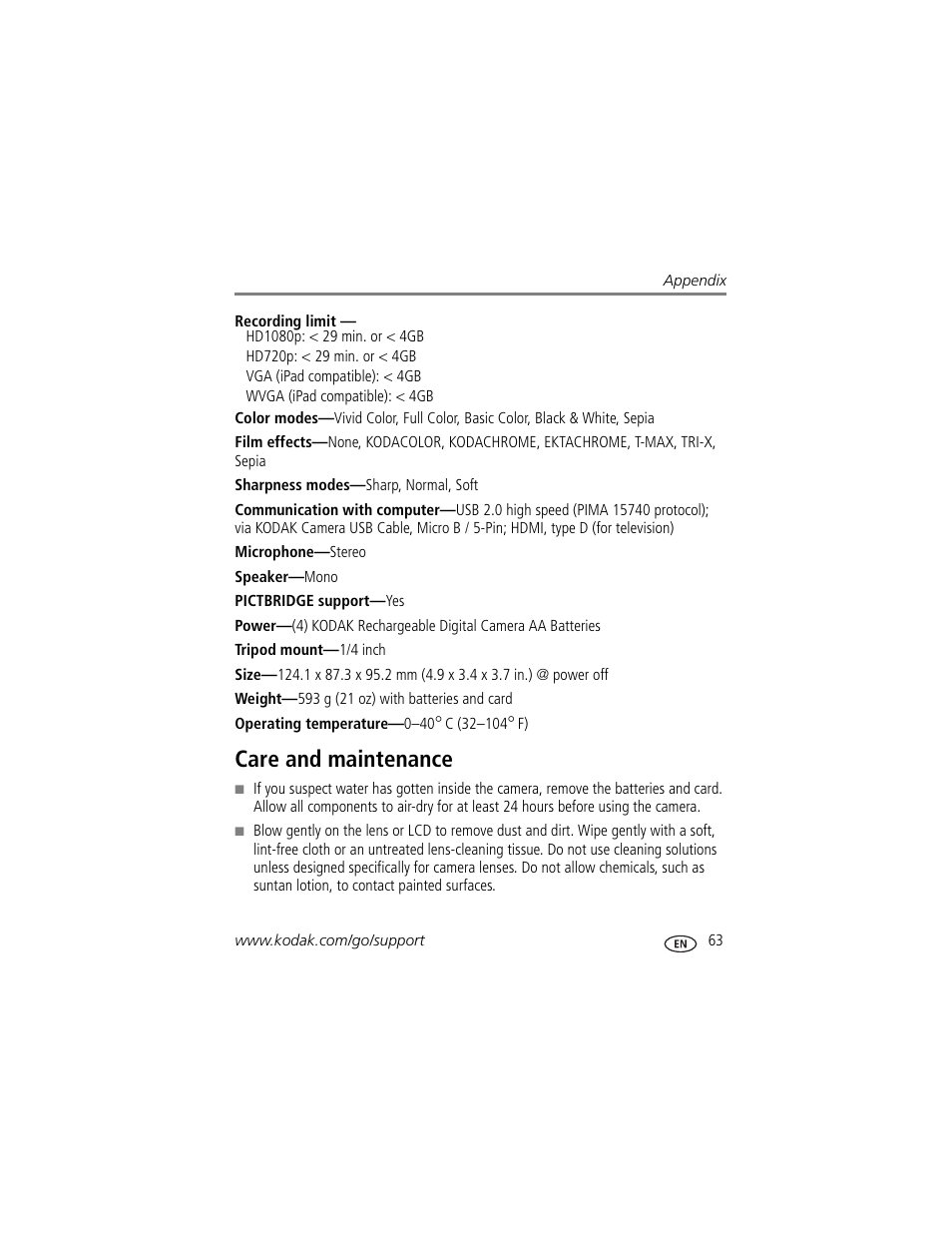 Care and maintenance, The lens | Kodak MAX Z990 User Manual | Page 71 / 84