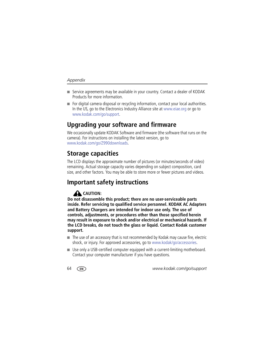 Upgrading your software and firmware, Storage capacities, Important safety instructions | Kodak MAX Z990 User Manual | Page 72 / 84