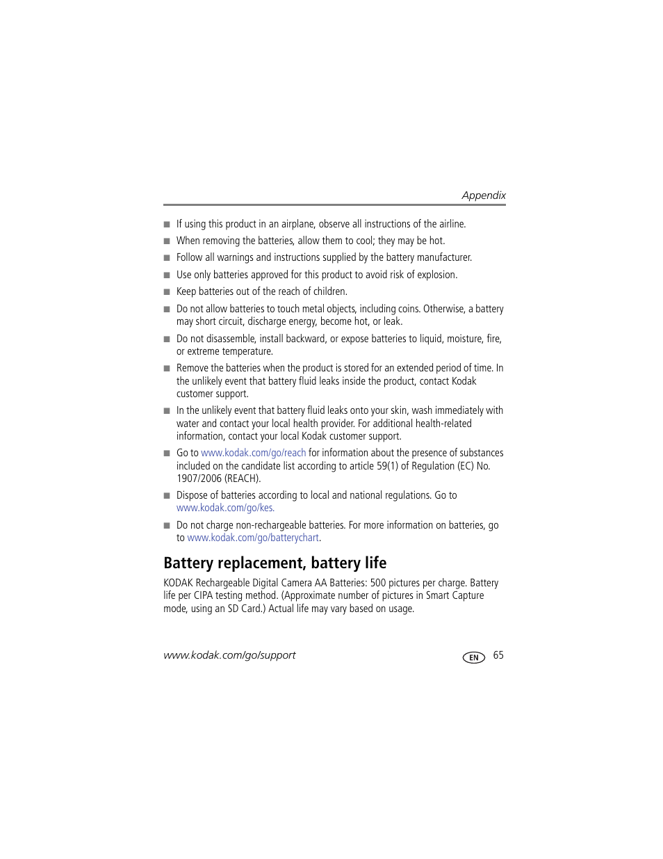 Battery replacement, battery life, Alled | Kodak MAX Z990 User Manual | Page 73 / 84