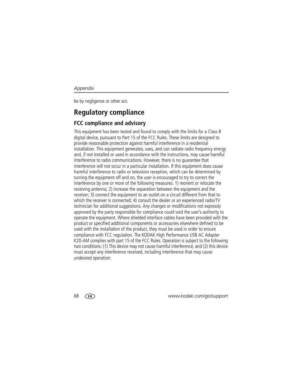 Regulatory compliance, Fcc compliance and advisory | Kodak MAX Z990 User Manual | Page 76 / 84