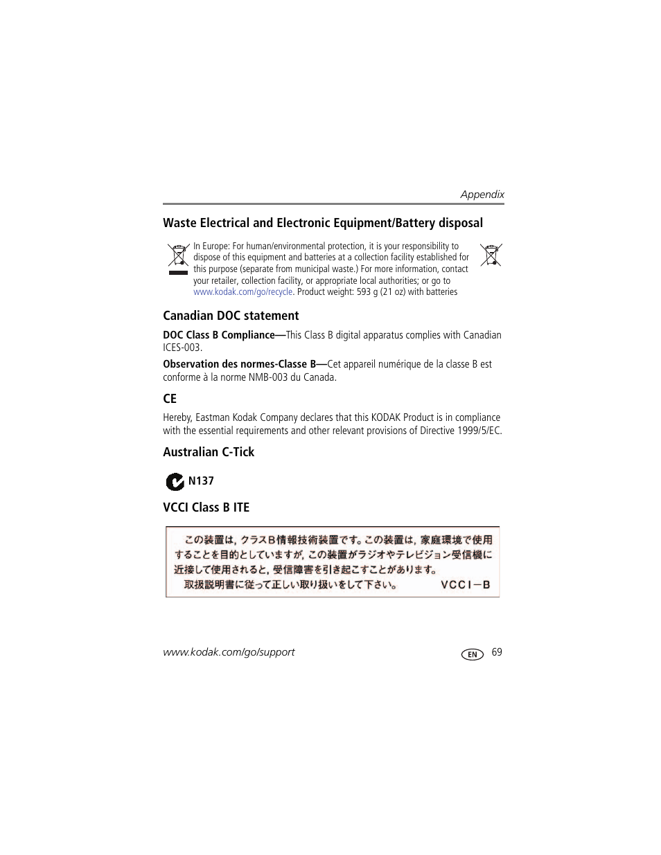 Canadian doc statement, Australian c-tick, Vcci class b ite | Kodak MAX Z990 User Manual | Page 77 / 84