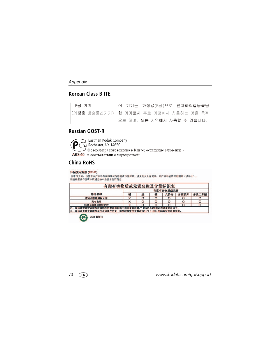 Korean class b ite, Russian gost-r, China rohs | Kodak MAX Z990 User Manual | Page 78 / 84