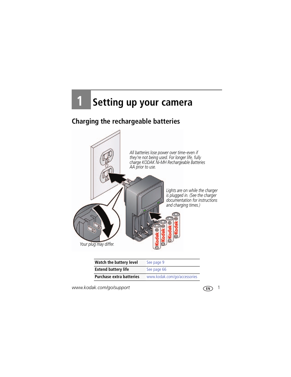 Setting up your camera, Charging the rechargeable batteries, 1 setting up your camera | Kodak MAX Z990 User Manual | Page 9 / 84