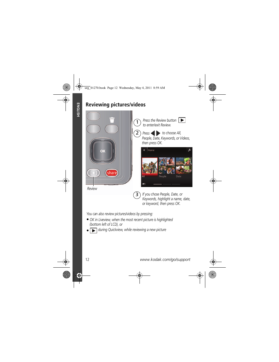 Reviewing pictures/videos, Reviewing pictures/videos 12 | Kodak M5350 User Manual | Page 12 / 28