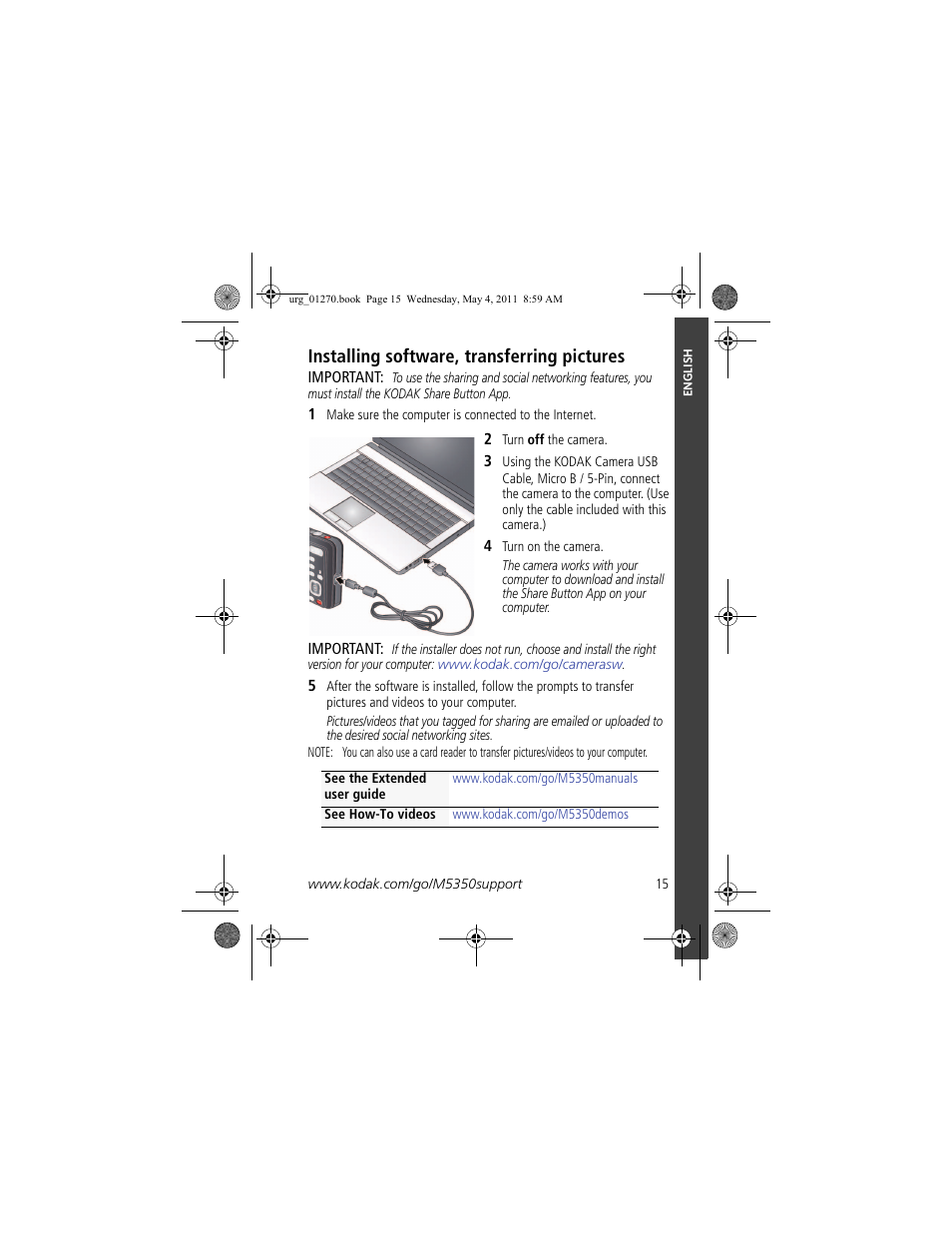 Installing software, transferring pictures, Installing software, transferring pictures 15 | Kodak M5350 User Manual | Page 15 / 28