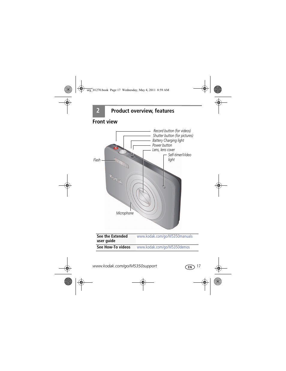 Product overview, features, Front view, Product overview, features 17 | Front view 17 | Kodak M5350 User Manual | Page 17 / 28