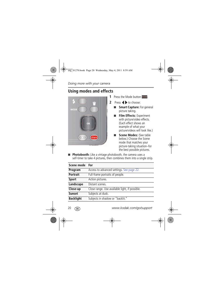 Using modes and effects, Using modes and effects 20 | Kodak M5350 User Manual | Page 20 / 28