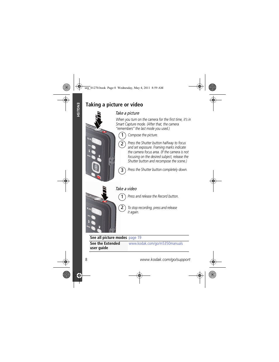 Taking a picture or video, Taking a picture or video 8 | Kodak M5350 User Manual | Page 8 / 28