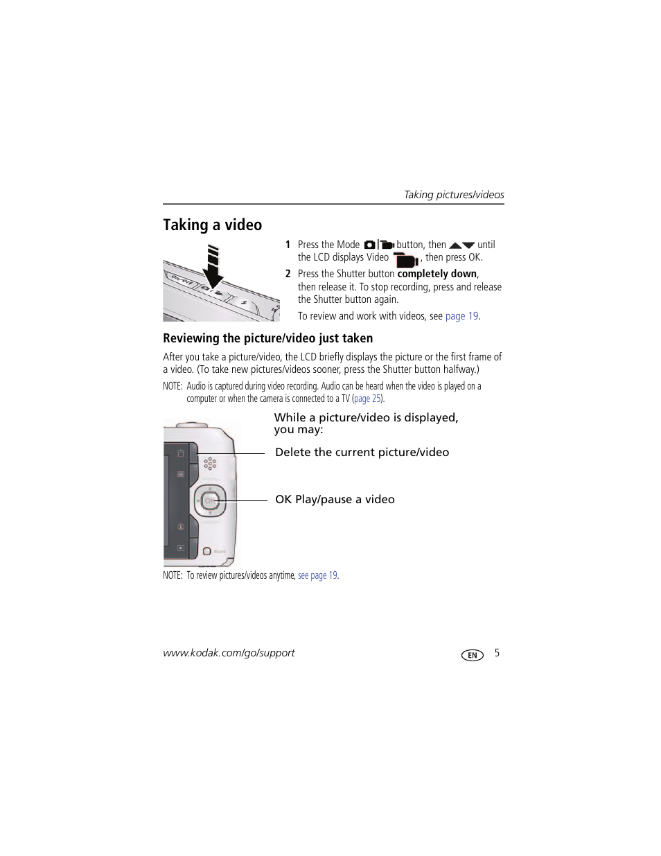 Taking a video, Reviewing the picture/video just taken | Kodak CD44 User Manual | Page 11 / 65