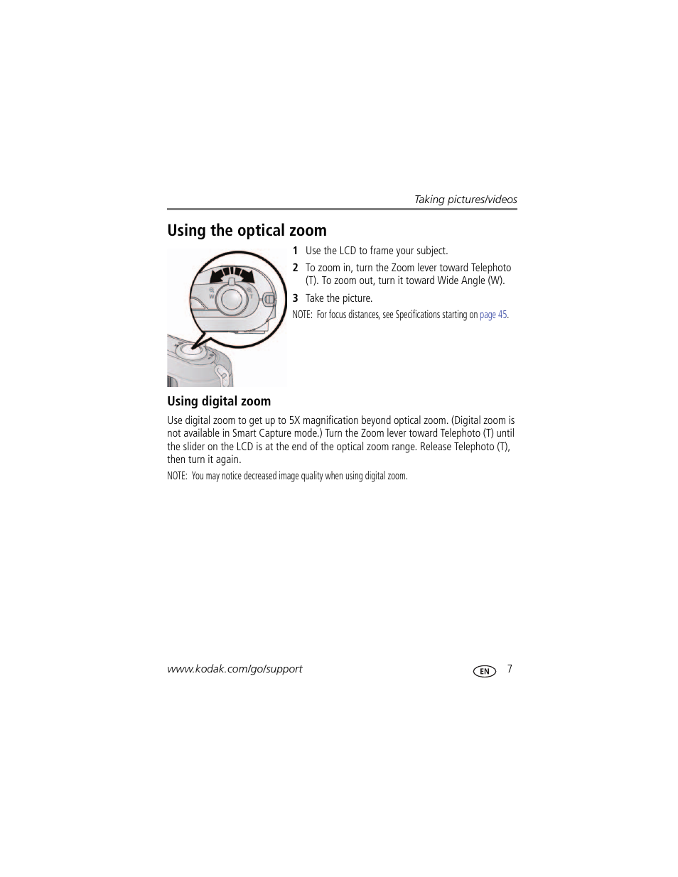 Using the optical zoom, Using digital zoom | Kodak CD44 User Manual | Page 13 / 65