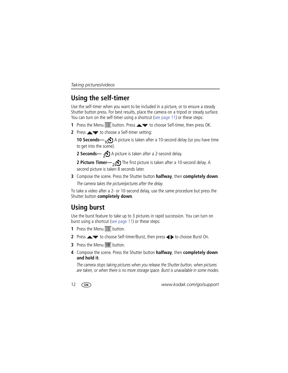 Using the self-timer, Using burst, Using the self-timer using burst | Kodak CD44 User Manual | Page 18 / 65