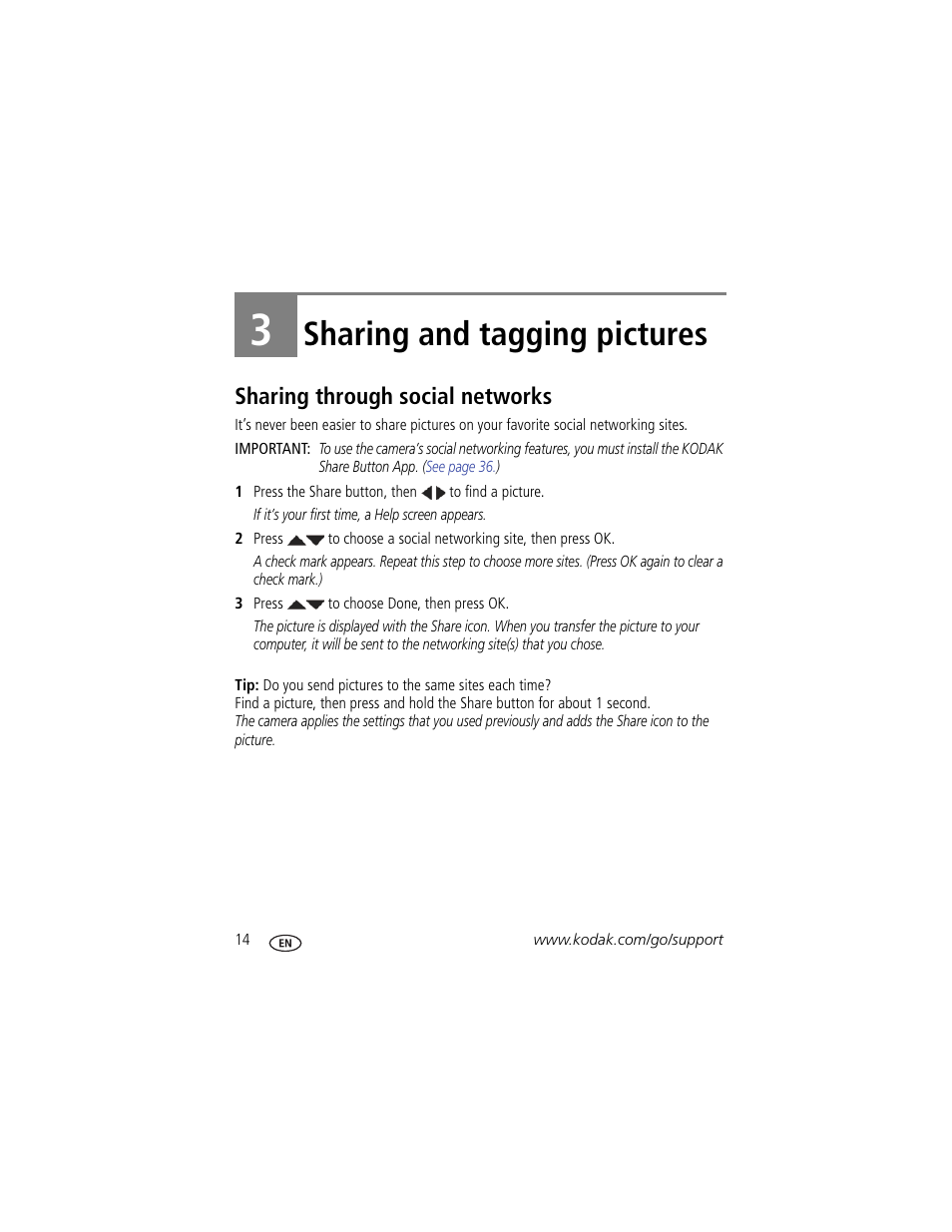 Sharing and tagging pictures, Sharing through social networks, 3 sharing and tagging pictures | Kodak CD44 User Manual | Page 20 / 65