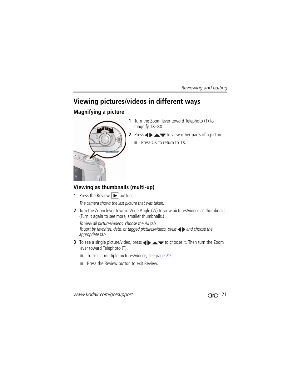 Viewing pictures/videos in different ways, Magnifying a picture, Viewing as thumbnails (multi-up) | Kodak CD44 User Manual | Page 27 / 65
