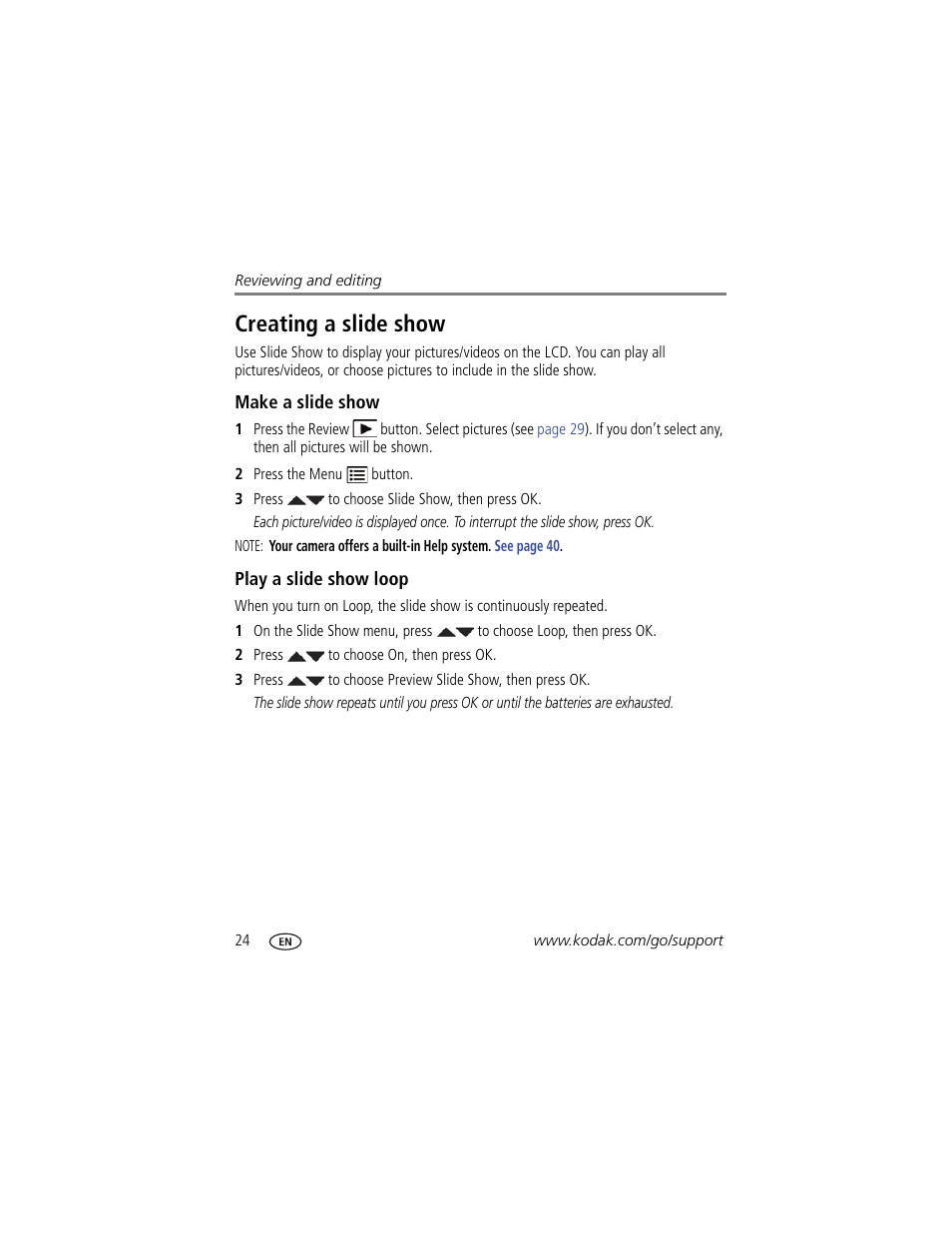 Creating a slide show, Make a slide show, Play a slide show loop | Kodak CD44 User Manual | Page 30 / 65