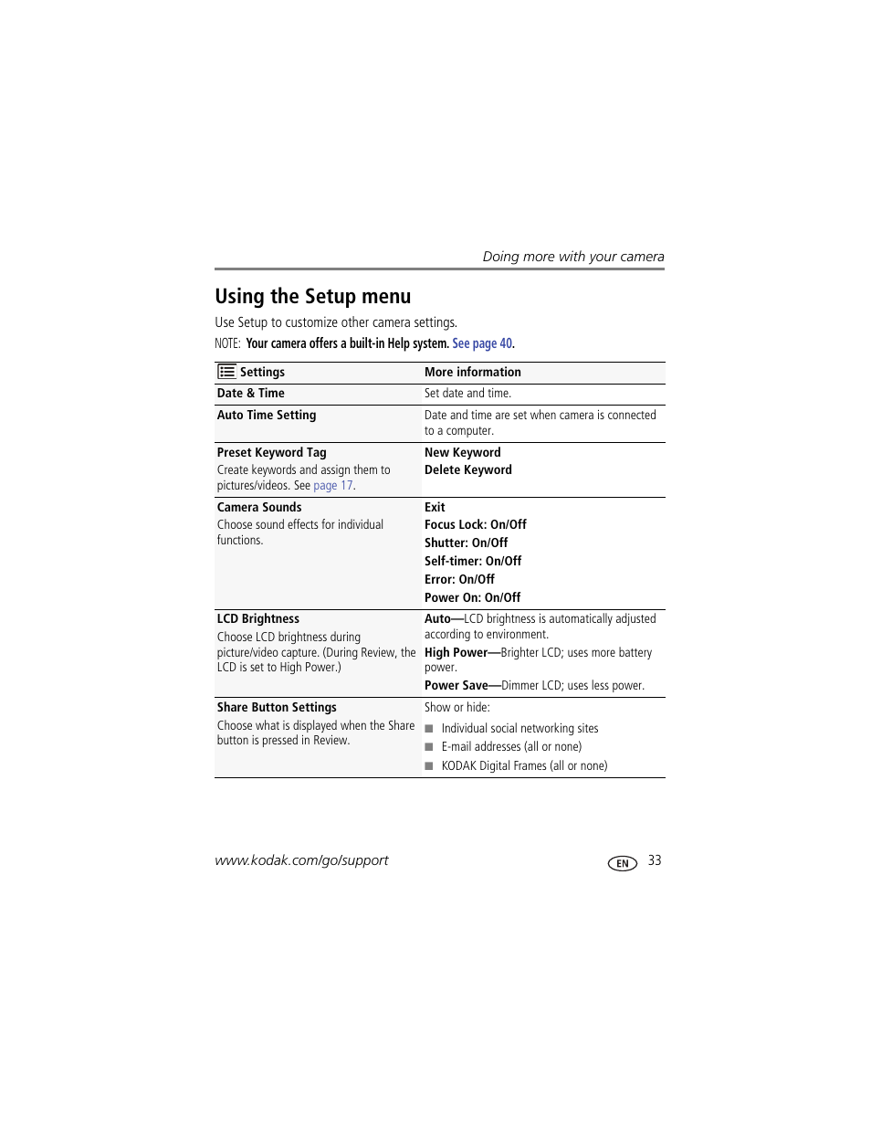 Using the setup menu | Kodak CD44 User Manual | Page 39 / 65
