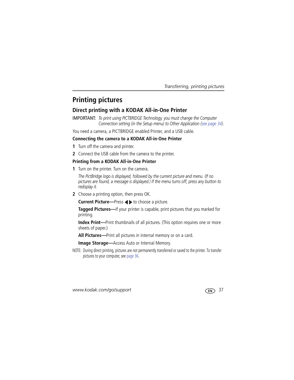 Printing pictures, Direct printing with a kodak all-in-one printer, Printing from a kodak all-in-one printer | Kodak CD44 User Manual | Page 43 / 65