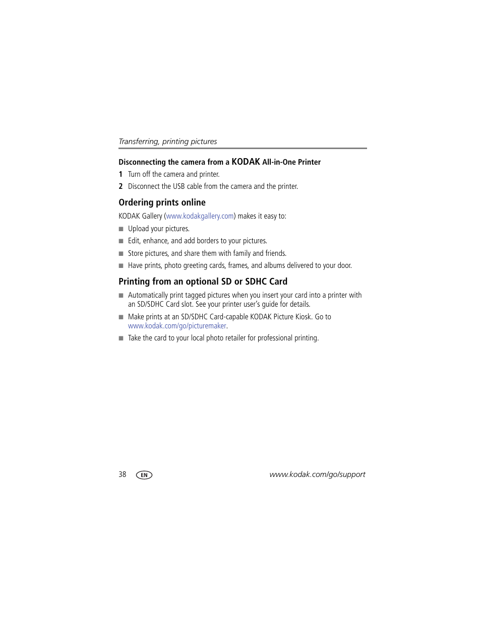 Ordering prints online, Printing from an optional sd or sdhc card | Kodak CD44 User Manual | Page 44 / 65