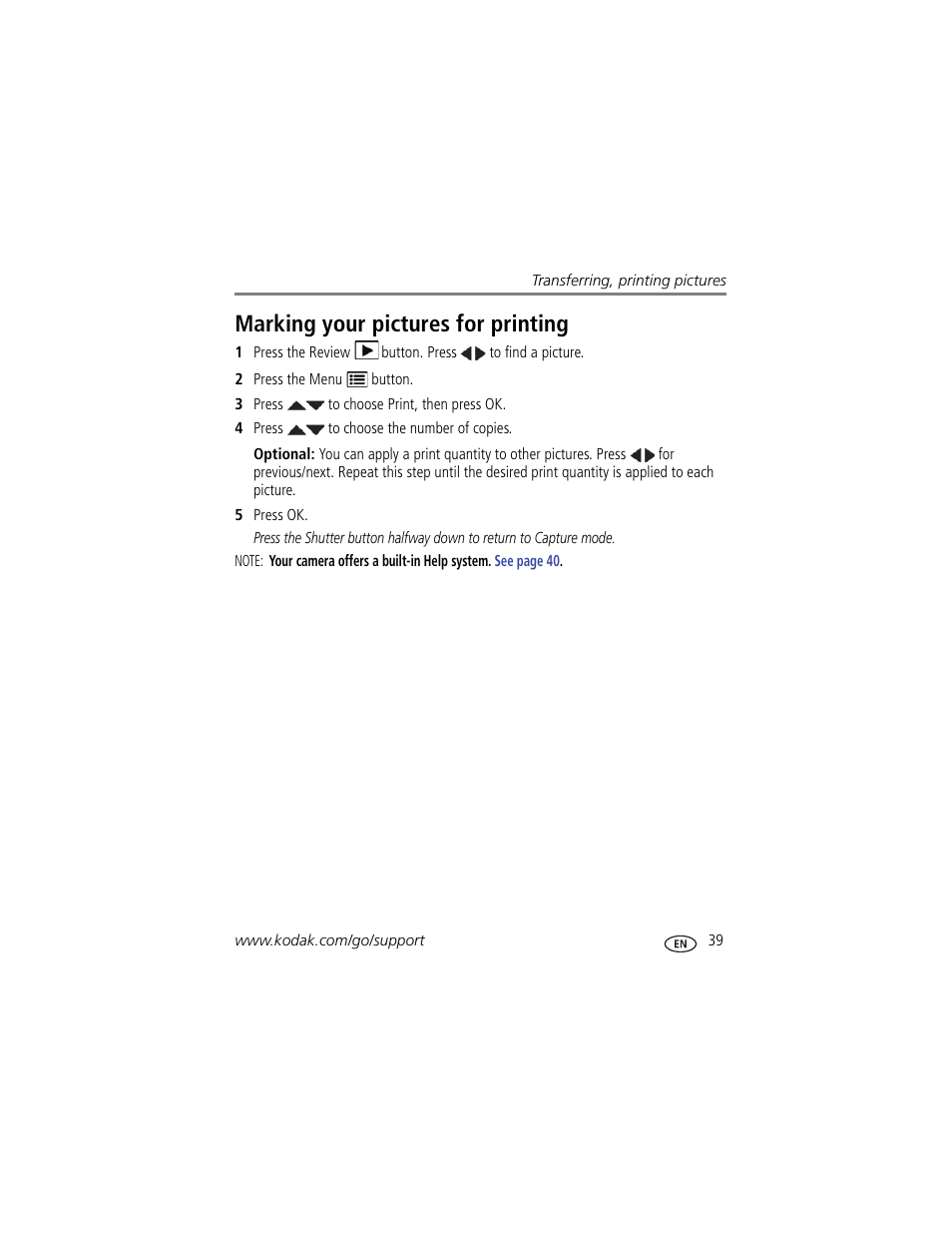 Marking your pictures for printing | Kodak CD44 User Manual | Page 45 / 65