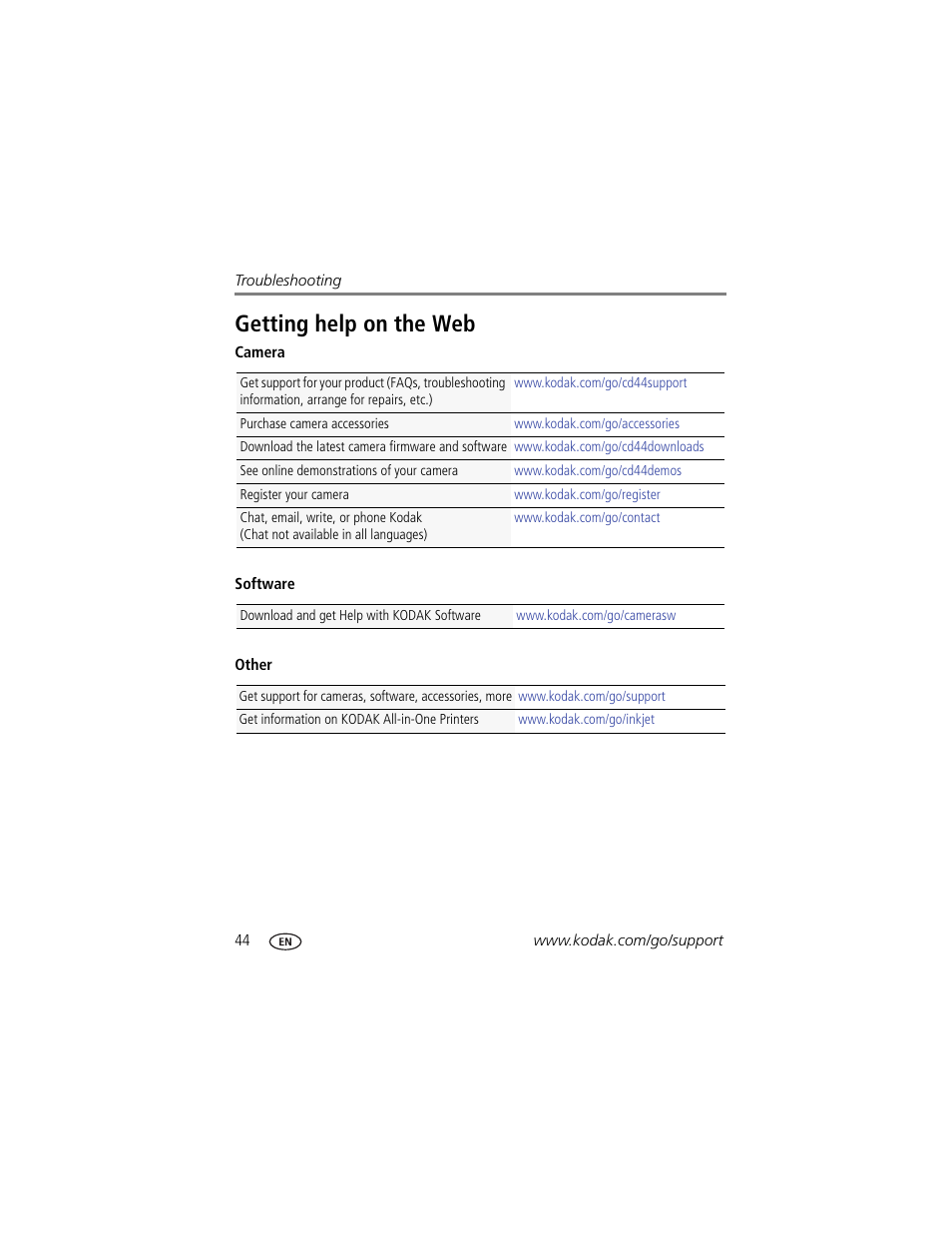 Getting help on the web | Kodak CD44 User Manual | Page 50 / 65