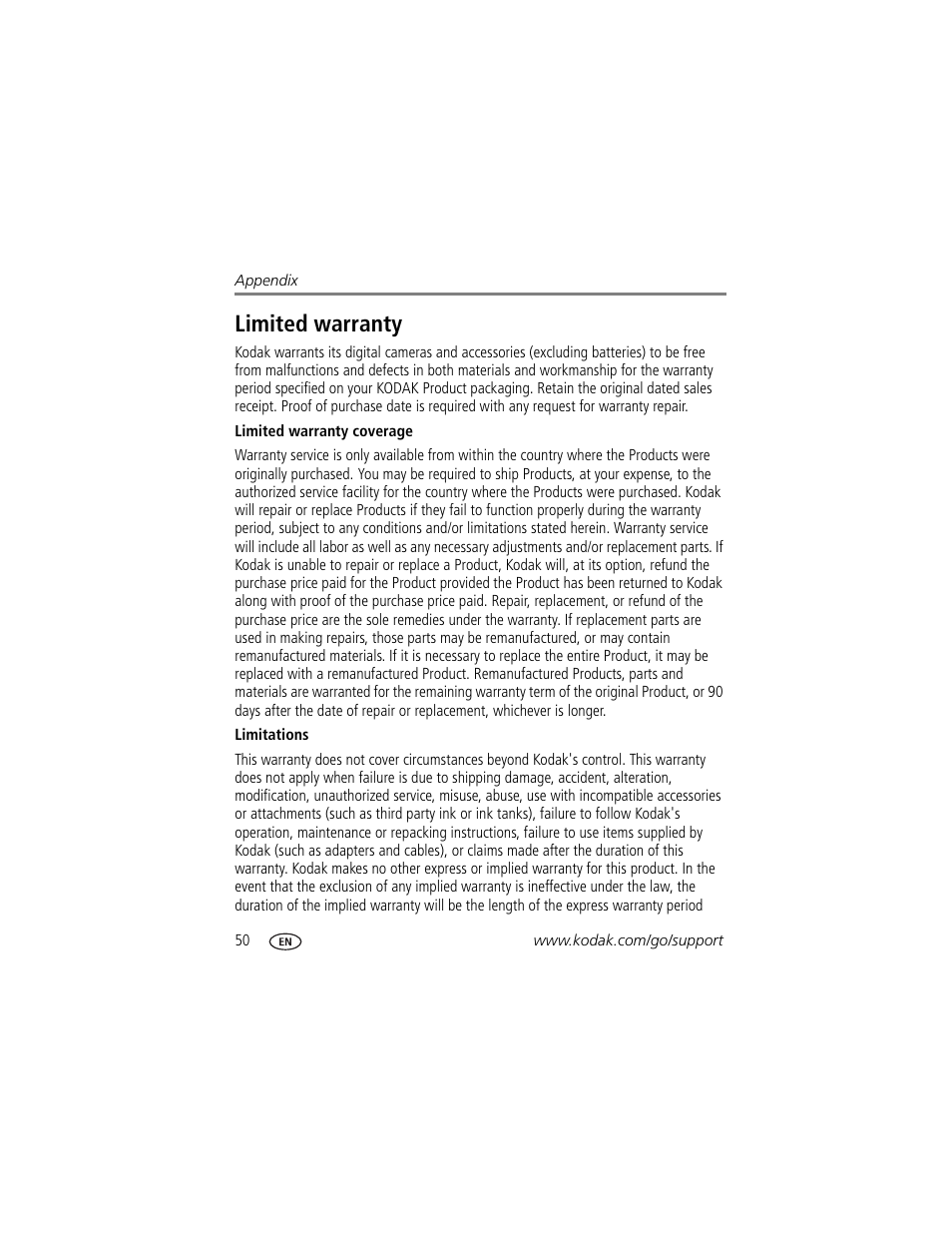 Limited warranty | Kodak CD44 User Manual | Page 56 / 65