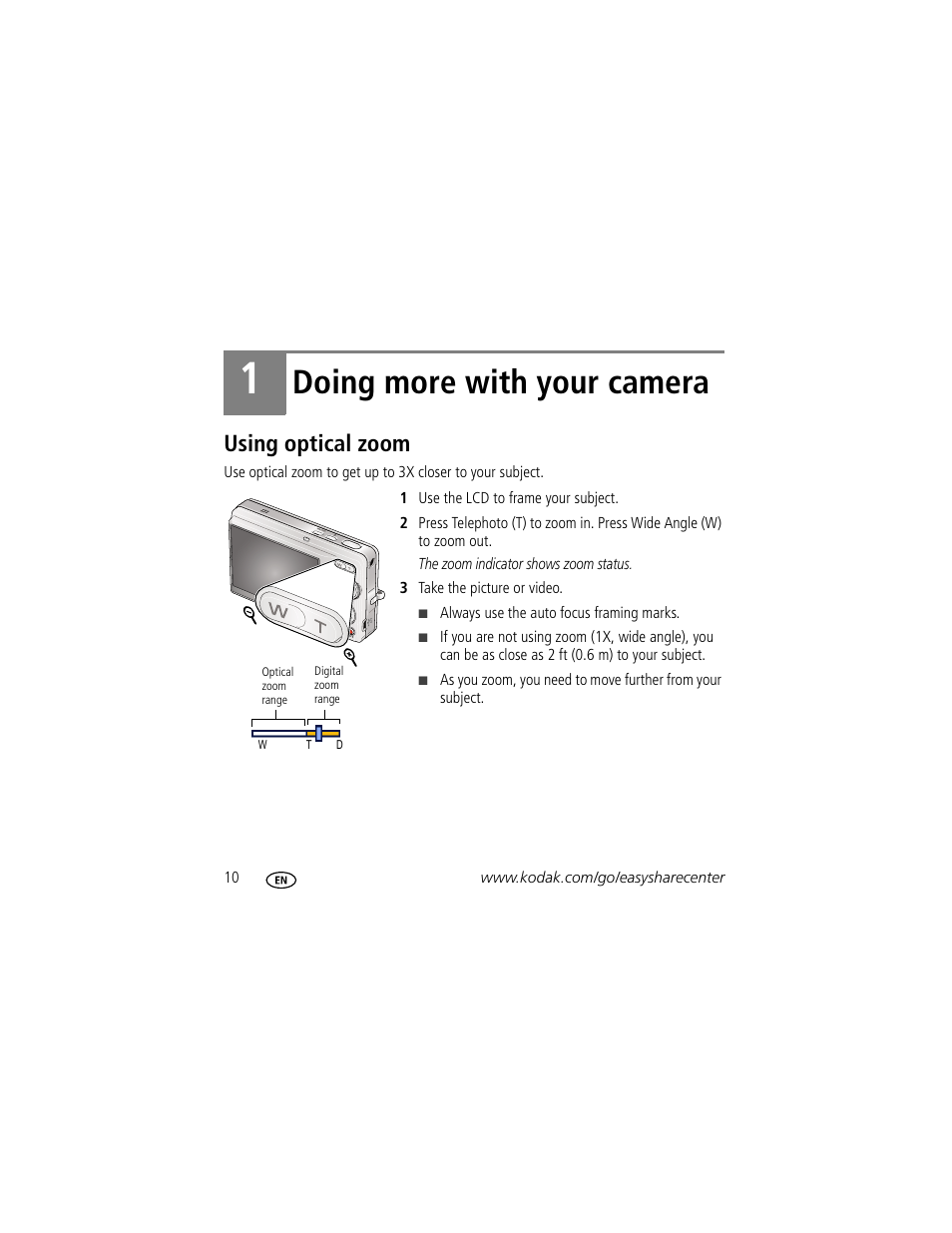 Doing more with your camera, Using optical zoom | Kodak M1073 IS User Manual | Page 10 / 29