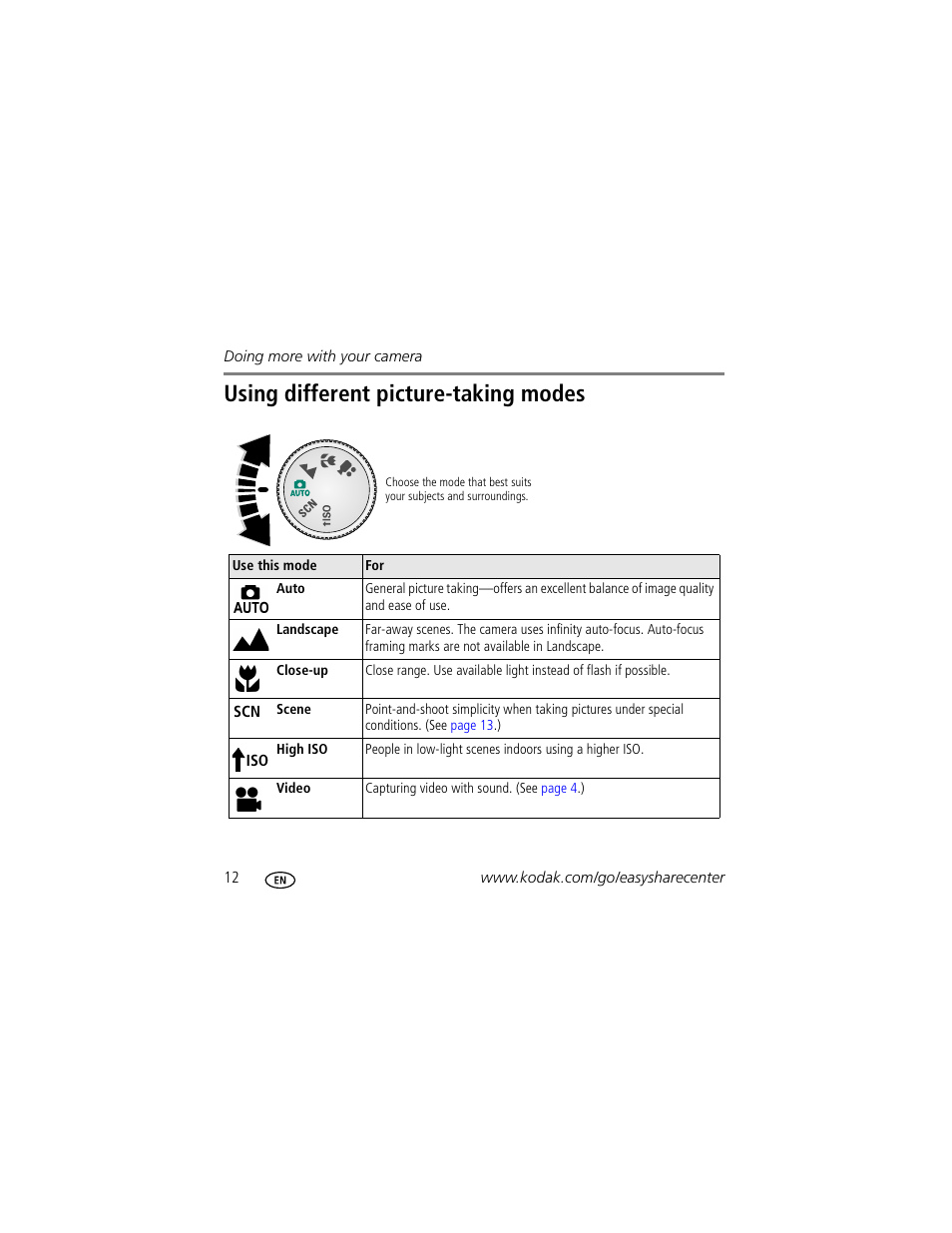 Using different picture-taking modes | Kodak M1073 IS User Manual | Page 12 / 29