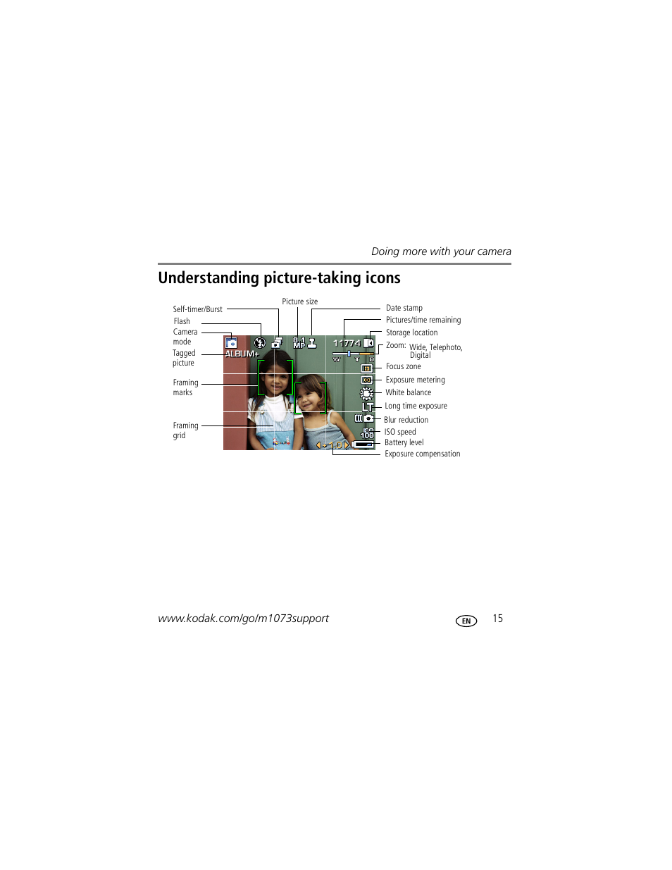 Understanding picture-taking icons | Kodak M1073 IS User Manual | Page 15 / 29