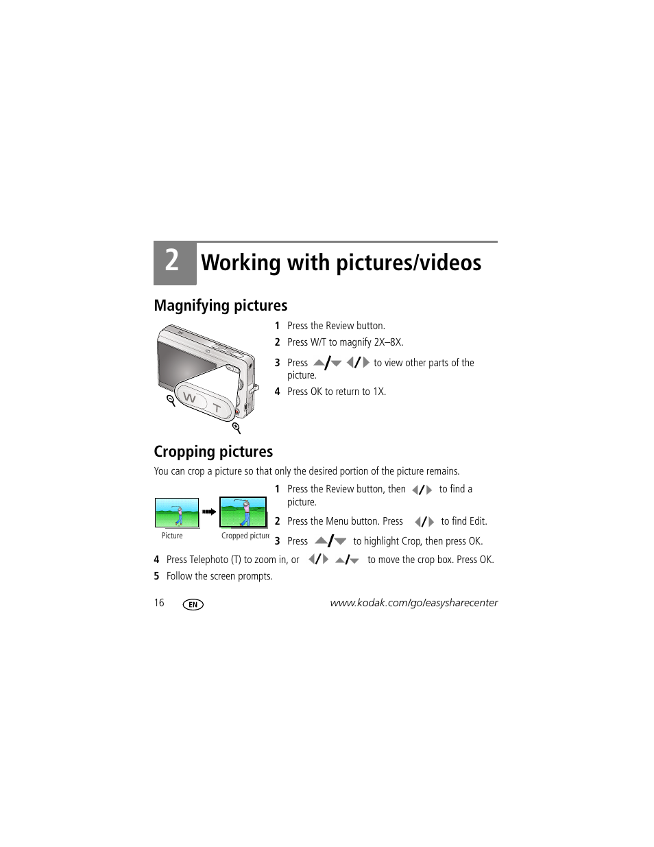 Working with pictures/videos, Magnifying pictures, Cropping pictures | Kodak M1073 IS User Manual | Page 16 / 29