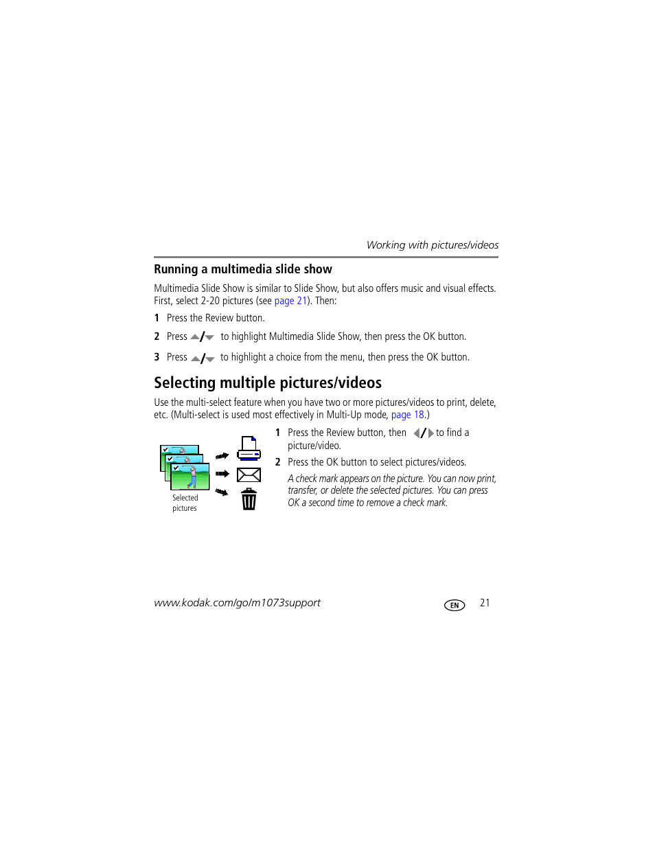 Selecting multiple pictures/videos | Kodak M1073 IS User Manual | Page 21 / 29