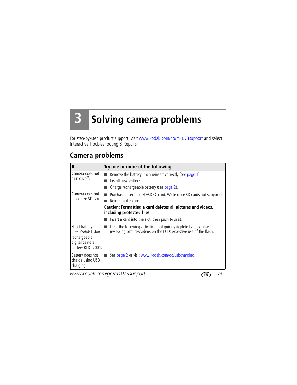Solving camera problems, Camera problems | Kodak M1073 IS User Manual | Page 23 / 29