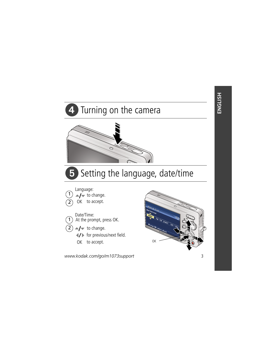 Turning on the camera, Setting the language, date/time | Kodak M1073 IS User Manual | Page 3 / 29