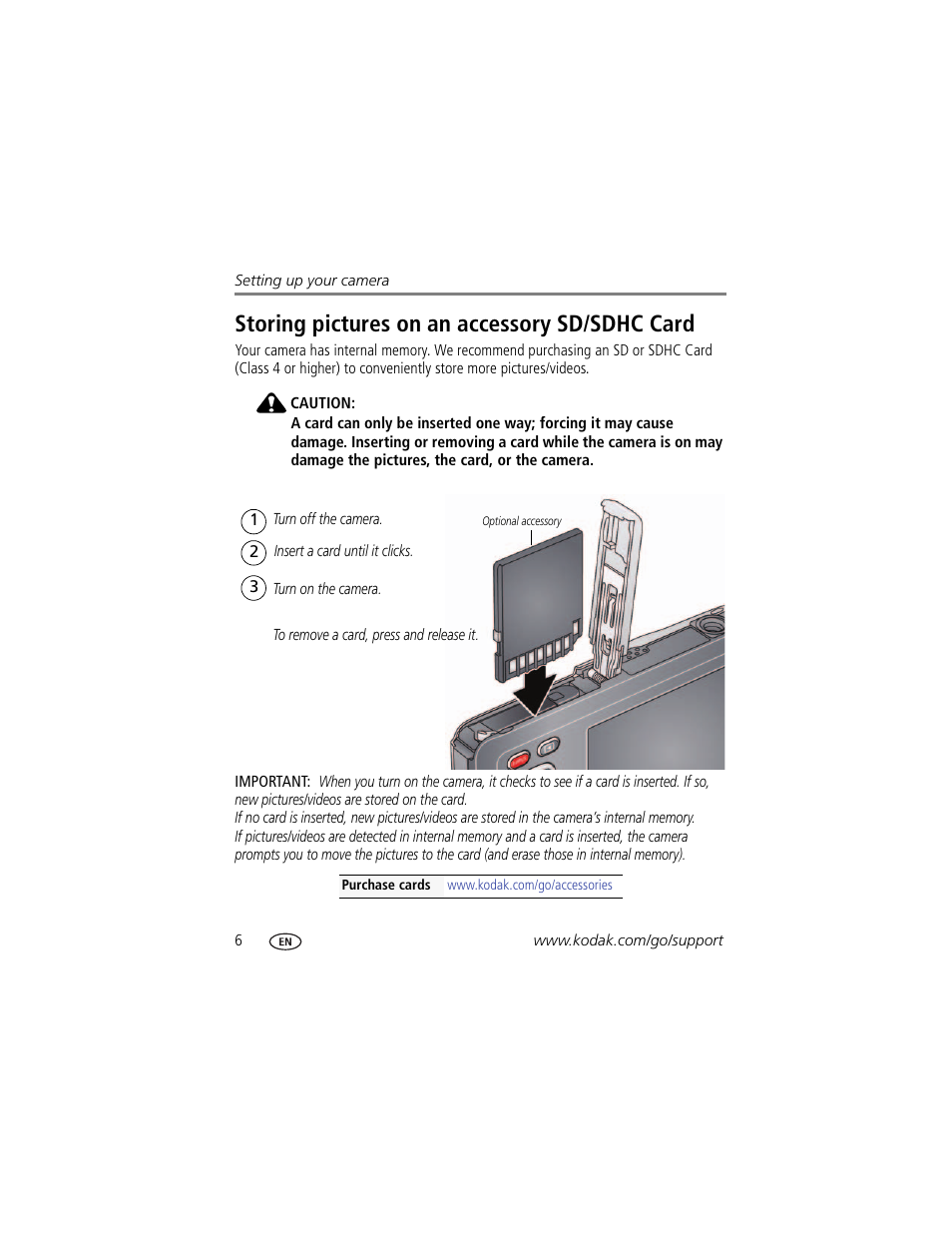 Storing pictures on an accessory sd/sdhc card | Kodak M5350 User Manual | Page 12 / 70