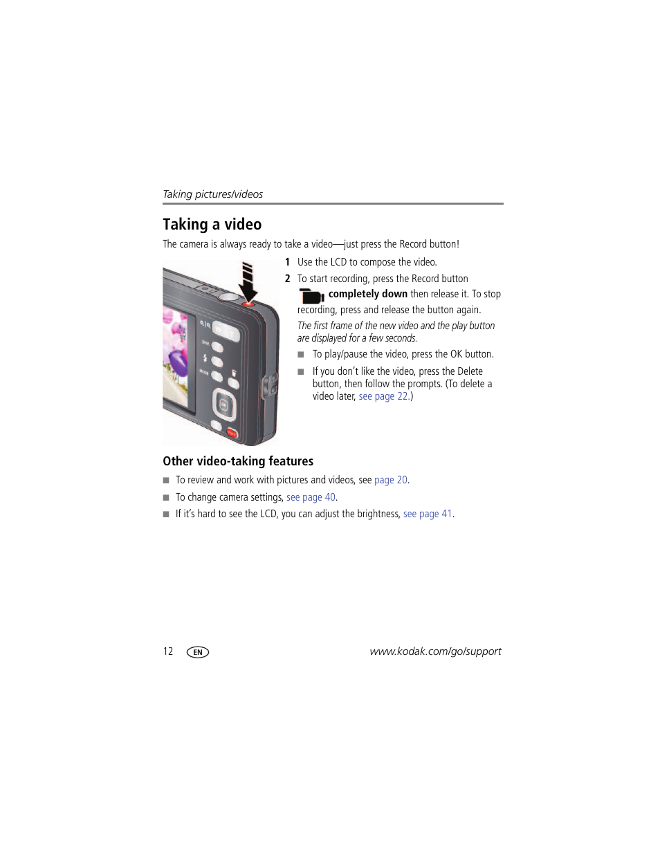 Other video-taking features, Taking a video | Kodak M5350 User Manual | Page 18 / 70