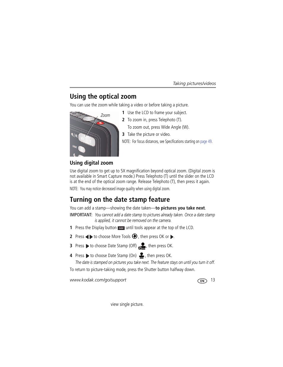 Using digital zoom, Turning on the date stamp feature, Using the optical zoom | Kodak M5350 User Manual | Page 19 / 70