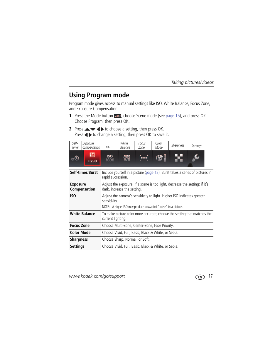 Using program mode | Kodak M5350 User Manual | Page 23 / 70