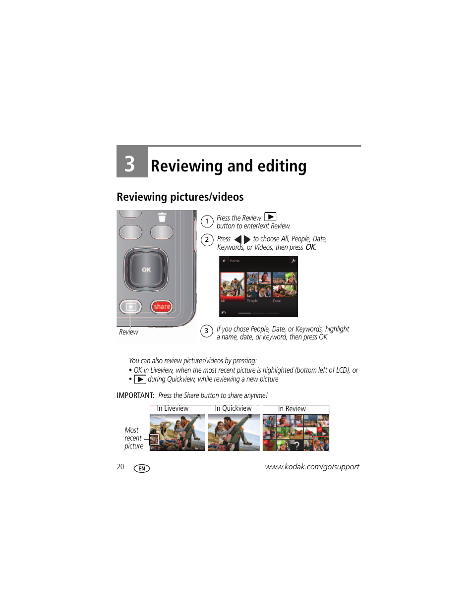 Reviewing and editing, Reviewing pictures/videos, 3 reviewing and editing | Kodak M5350 User Manual | Page 26 / 70